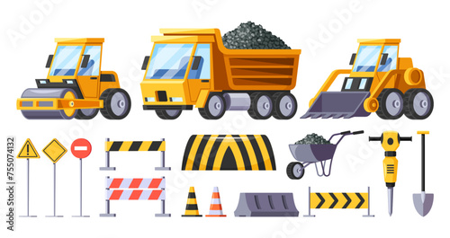 Road Construction Equipment. Bulldozer, Wheelbarrow And Tip Truck For Earth Moving, Roller For Compaction, Jackhammer