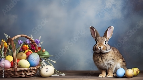 card with Easter bunny in a basket with colored eggs