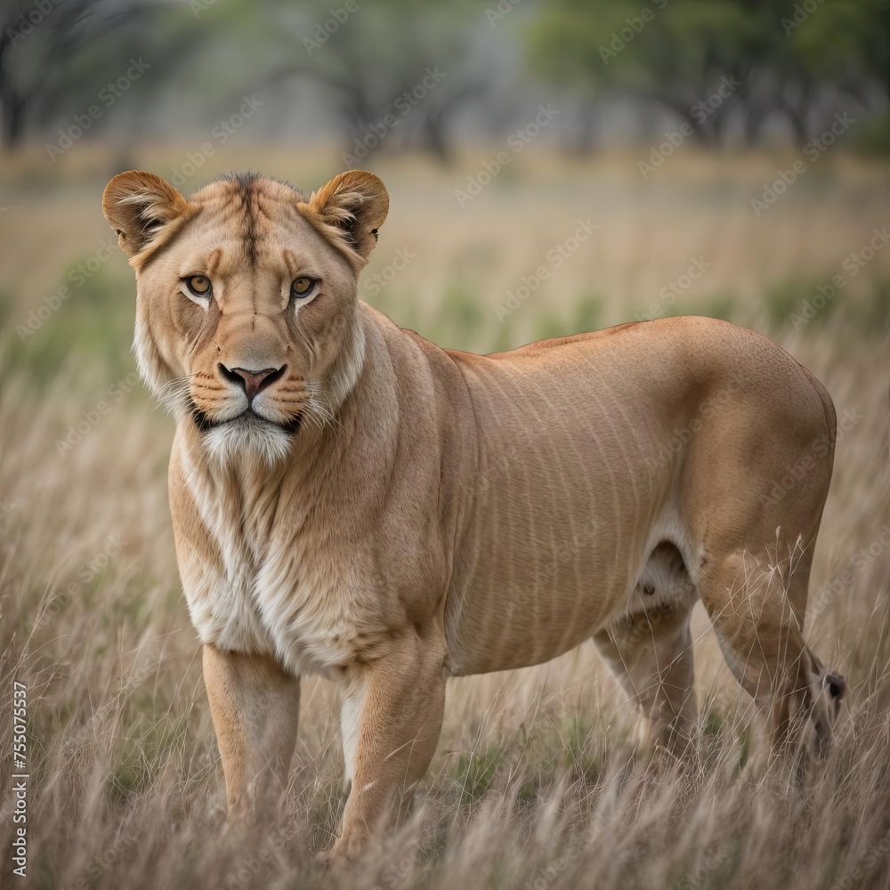 Fototapeta premium Lioness standing still looking at the camera.