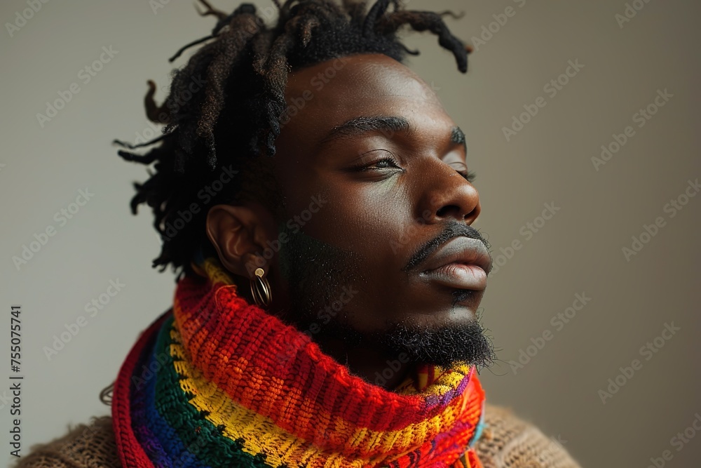 With unwavering pride and resilience, a black gay man is seen from the side, enveloped in the vibrant hues of the LGBT flag, boldly celebrating his identity and embracing diversity