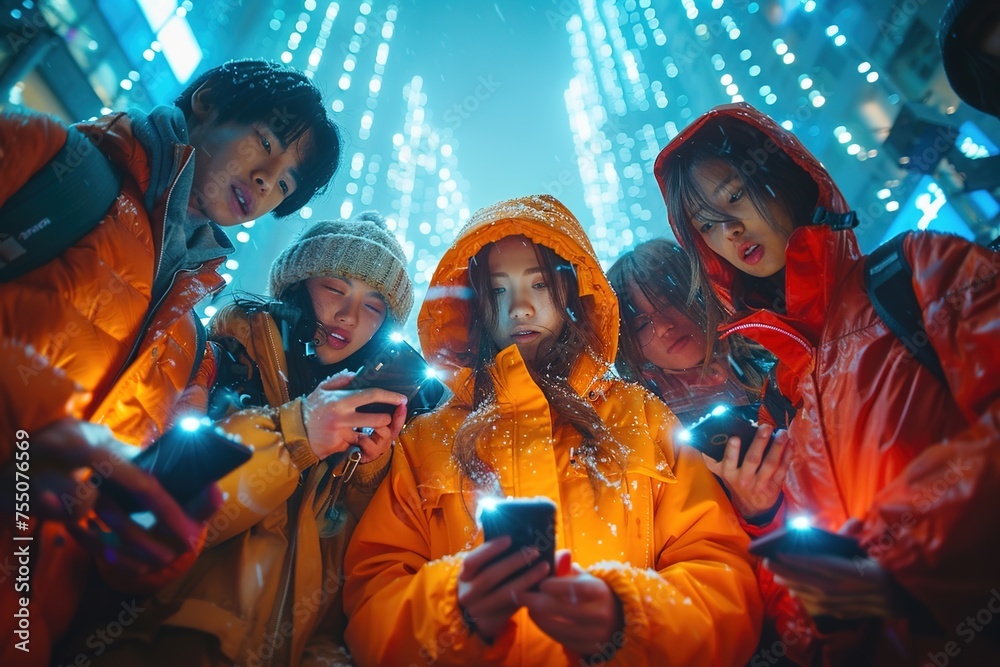Children standing in circle holding smartphones