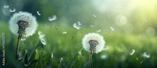 Two dandelions are swaying in the gentle breeze within a grassy field, creating a beautiful sight in the natural landscape