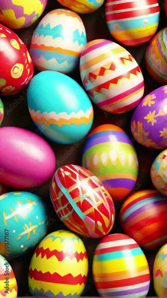 Brightly painted Easter eggs with various patterns. Concept of holiday decorations, Easter egg hunt, spring crafts, and festive ornaments. Vertical format Brightly painted Easter eggs with various patterns. Concept of holiday decorations, Easter egg hunt, spring crafts, and festive ornaments. Vertical format