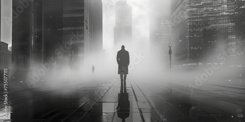 The man on the building, urban setting, skyscraper backdrop, dramatic lighting, mysterious silhouette photo