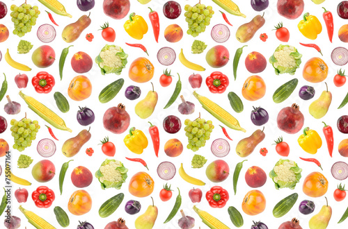 Large seamless pattern of beautiful bright vegetables and fruits isolated on white © Serghei V