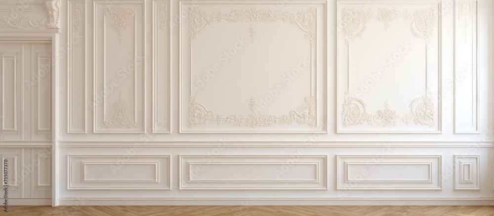 An empty room featuring a large white wall, part of a redecoration project. The classic white wall is accented with elegant wall panels adorned with intricate moldings,
