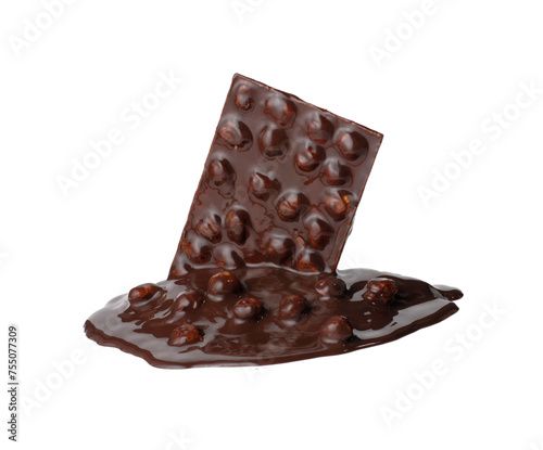 Melting dark chocolate and nuts isolated on transparent layered background.