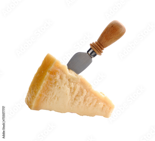 Parmesan cheese and knife isolated on transparent layered background.