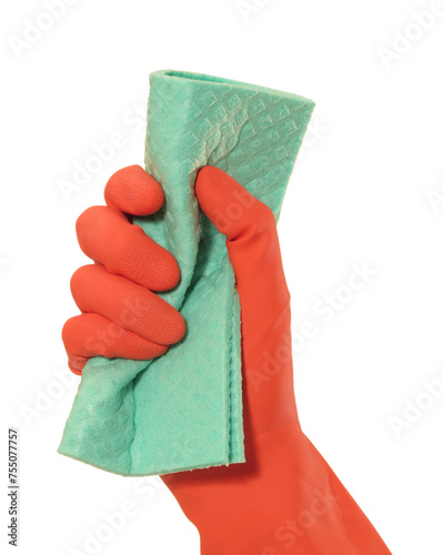 Hygiene cleaning glove hand holding cleaning sponge isolated on transparent layered background.