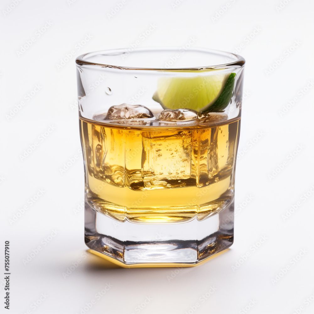 Glass of tequila, white background, professional photo сreated with Generative Ai