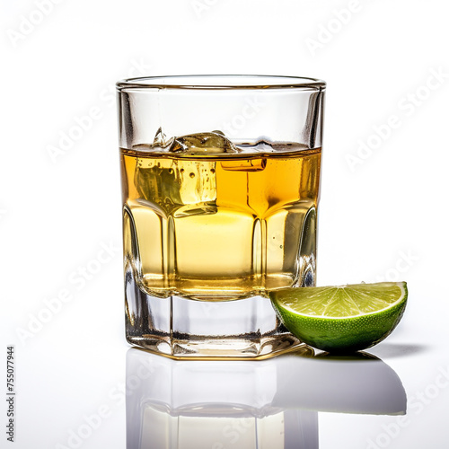 Glass of tequila, white background, professional photo сreated with Generative Ai photo