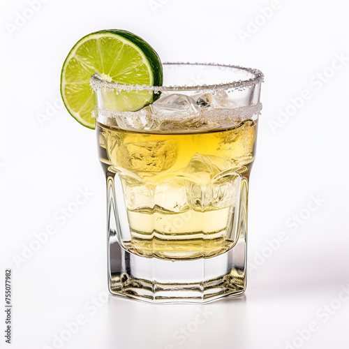 Glass of tequila, white background, professional photo сreated with Generative Ai
