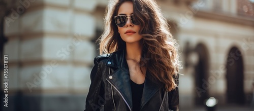 A woman with long hair, wearing electric blue sunglasses and a leather jacket, strolls down the street © 2rogan