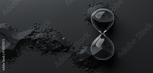 top view,Delicate pastel monochrome black hourglass background with fire black hourglass and black sand dune on a black background,time background concept.