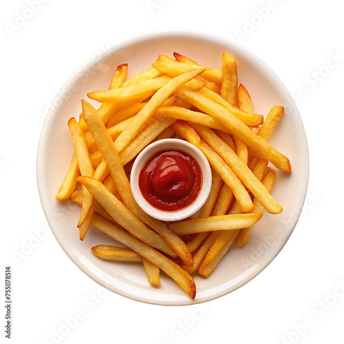 French fries on white plate with ketchup. isolated on transparent background.