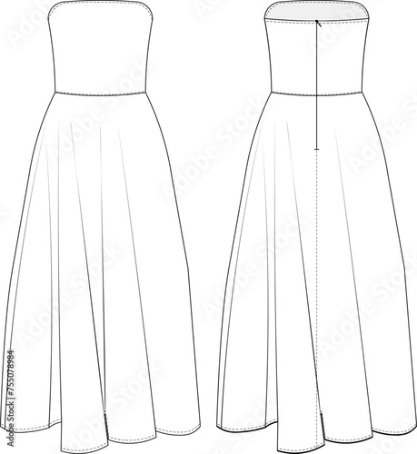 sleeveless strapless zippered flared long maxi a-line dress gown template technical drawing flat sketch cad mockup fashion woman design style model 