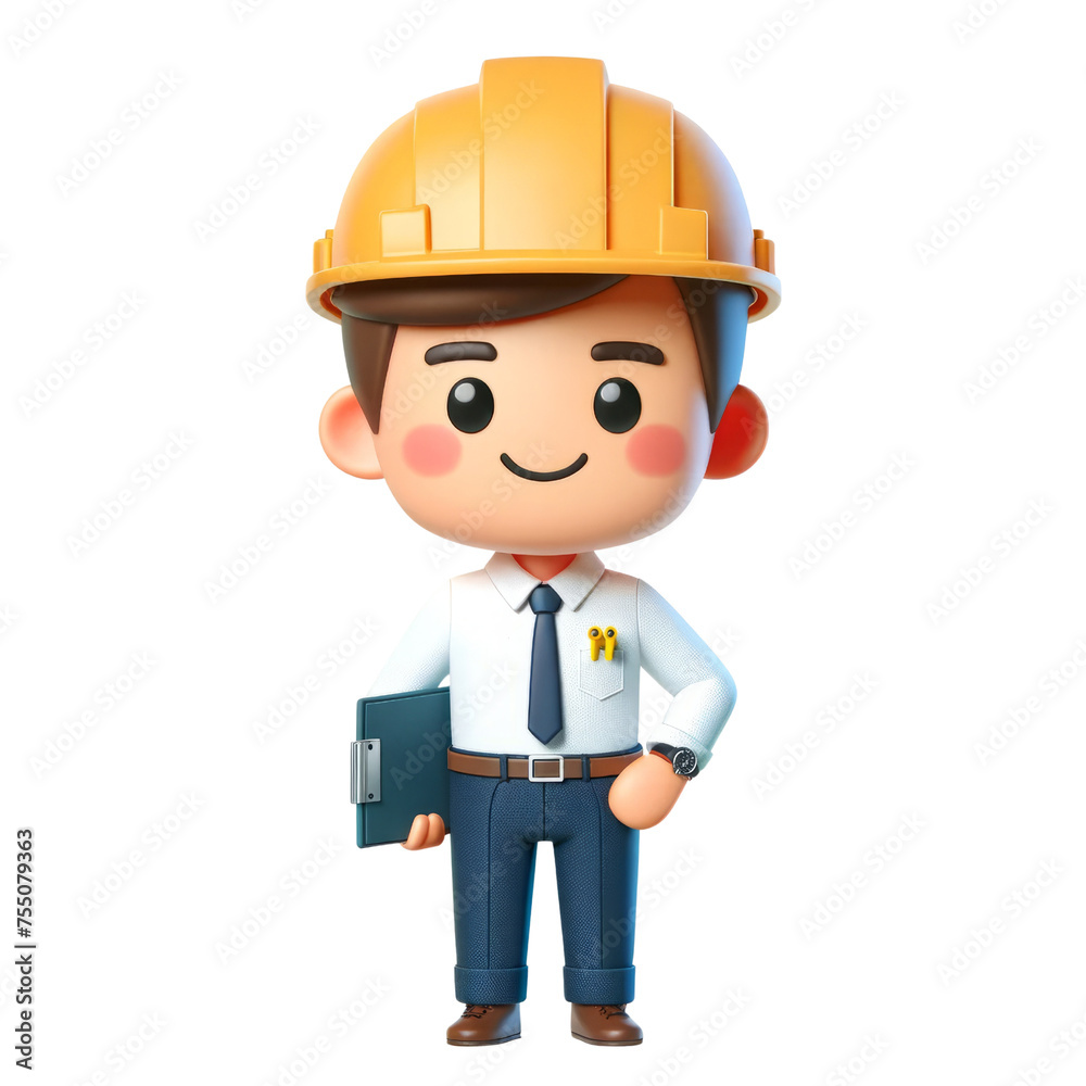 3D illustration of a cute, stylized construction worker character with a hard hat and clipboard. 3D illustration of a cute, stylized construction worker character with a hard hat and clipboard.