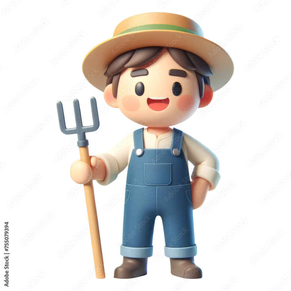 3D illustration of a cute, stylized farmer character with a straw hat and garden fork. 3D illustration of a cute, stylized farmer character with a straw hat and garden fork.