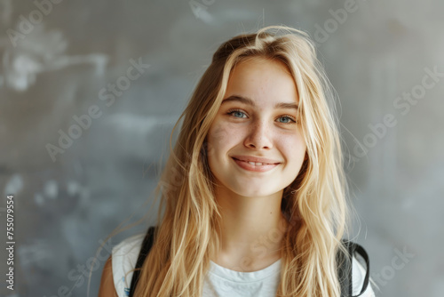 A high school student with a backpack smiles charmingly at the camera, showcasing her long blonde hair.