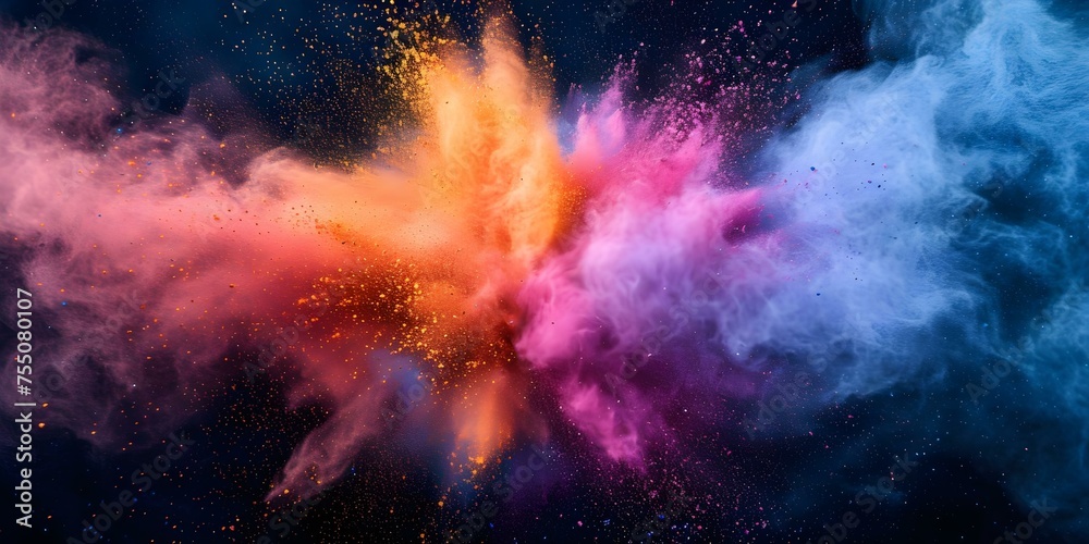 Vibrant colored powder explodes creating a stunning visual against dark backdrop. Concept Vibrant Colors, Explosive Visuals, Dark Background, Colorful Powder, Stunning Photography
