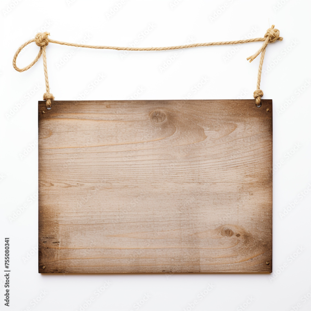 wooden sign hanging on ropes, white background, professional photo сreated with Generative Ai wooden sign hanging on ropes, white background, professional photo сreated with Generative Ai