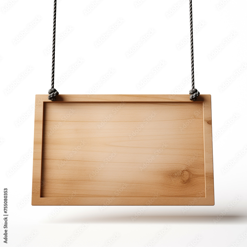 wooden sign hanging on ropes, white background, professional photo сreated with Generative Ai