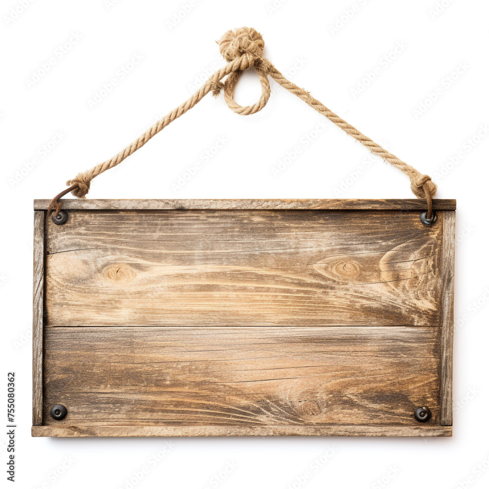 wooden sign hanging on ropes, white background, professional photo сreated with Generative Ai wooden sign hanging on ropes, white background, professional photo сreated with Generative Ai