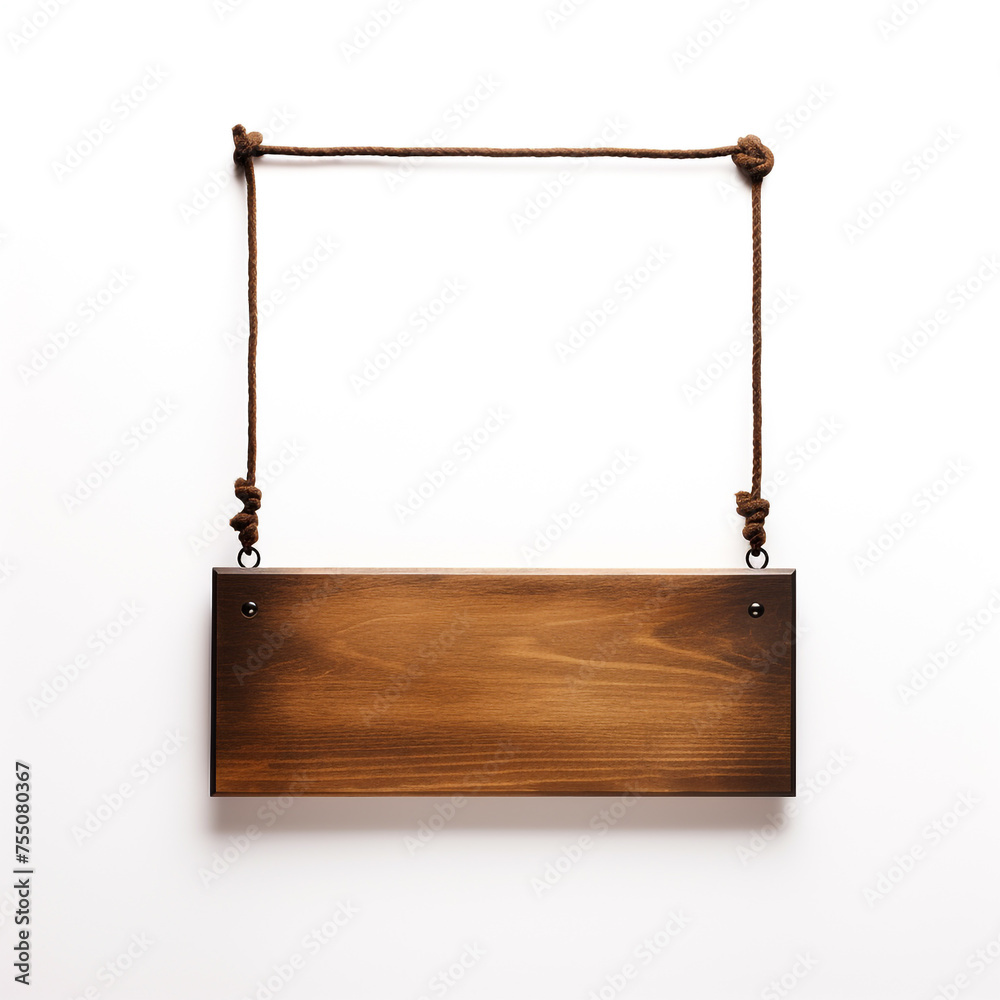 wooden sign hanging on ropes, white background, professional photo сreated with Generative Ai wooden sign hanging on ropes, white background, professional photo сreated with Generative Ai