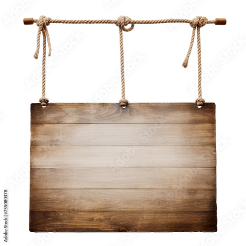 wooden sign hanging on ropes, white background, professional photo сreated with Generative Ai