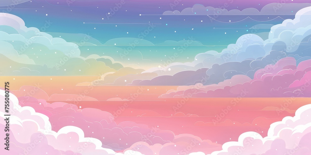 A vibrant sky featuring colorful clouds and twinkling stars in an abstract kawaii style, perfect for a wedding card design or presentation.