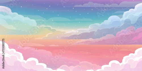 A vibrant sky featuring colorful clouds and twinkling stars in an abstract kawaii style, perfect for a wedding card design or presentation.