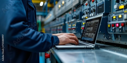 Engineer with laptop operates a programmable logic controller controlling a full automation system. Concept Engineering, Automation, Programmable Logic Controller (PLC), Full System Control photo