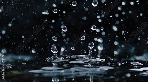 Raindrops hitting a smooth water surface, creating unique patterns and dynamic splashes