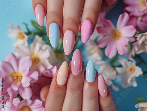 Female hands with beautiful Easter inspired pastel colors nail design on long almond form nails. Woman hands with trendy polish manicure on background with spring flowers 
