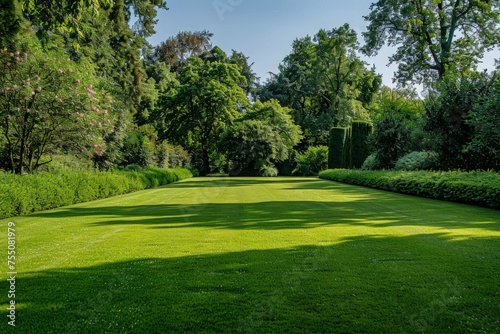 A beautiful, manicured lawn in bright sunlight, bordered by tall trees and bushes.