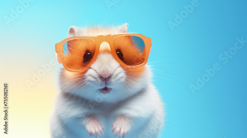 hamster in sunglasses on bright blue background. 