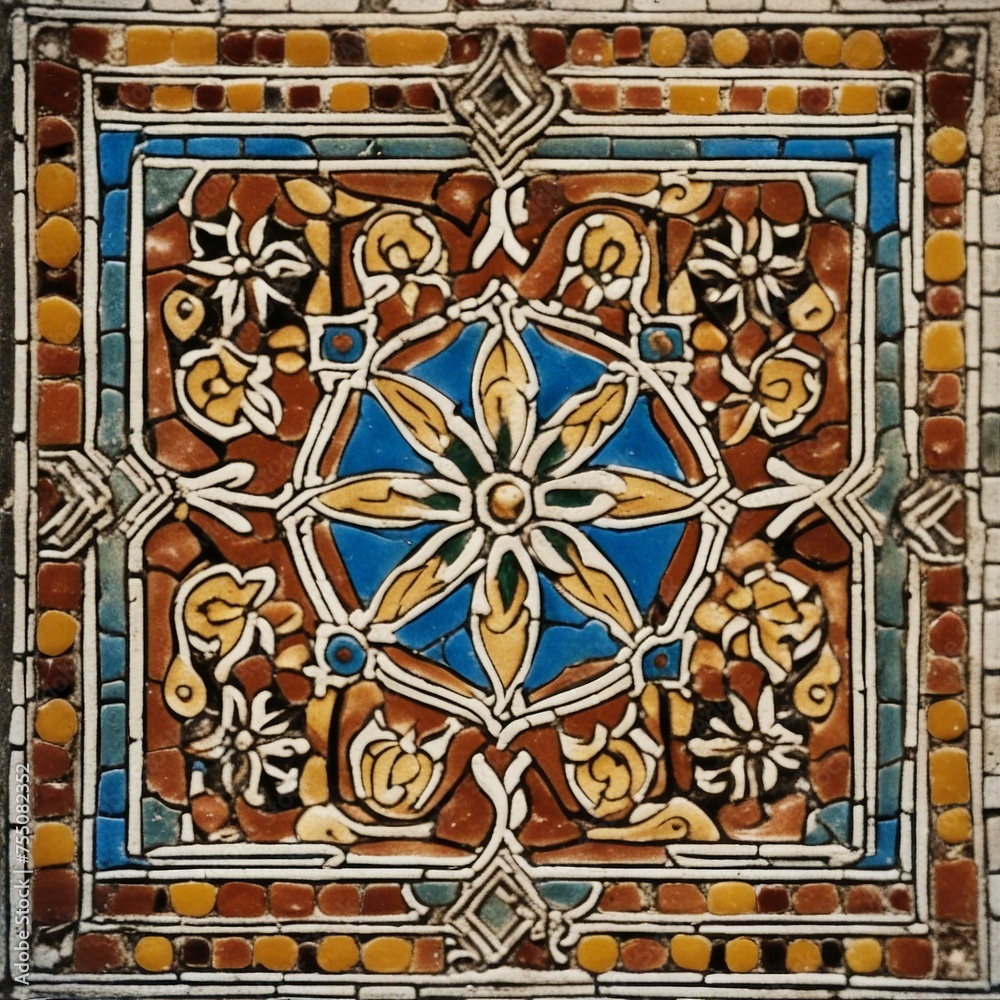 tile mosaic _A close up of a Moroccan vintage tile with a ceramic texture and a colorful design 
