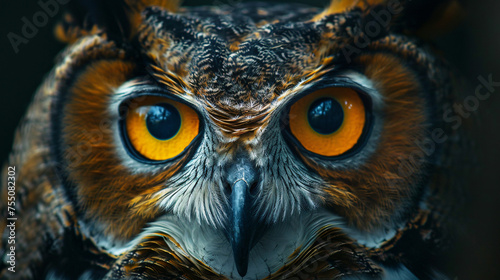 Yellow eyes of horned owl close up