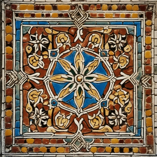 tile mosaic _A close up of a Moroccan vintage tile with a ceramic texture and a colorful design 