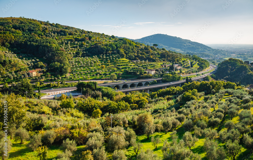 Tuscany, Italy beautiful panoramic landscape with italian motorway, Italy. 