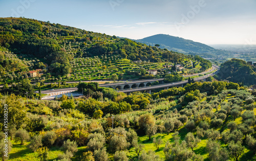 Tuscany, Italy beautiful panoramic landscape with italian motorway, Italy. 