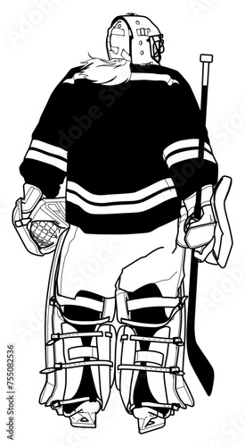 HOCKEY GOALIE GIRL from behind, Goaltender back, with ponytail, long hair, Goalkeeper drawing, illustration, outline, black, plain, vector svg
