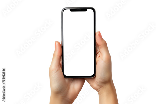 Blank white screen of Mobile phone with hand holding phoneisolated on transparent background With clipping path.3d rendering