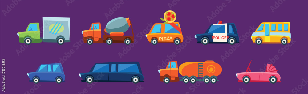 City Transport and Urban Traffic on Purple Background Vector Set City Transport and Urban Traffic on Purple Background Vector Set