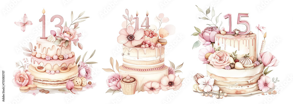 Delicate Birthday Cake with Floral Elements and Number 13 14 and 15 Delicate Birthday Cake with Floral Elements and Number 13 14 and 15