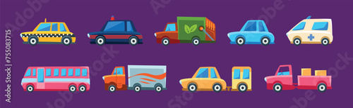 City Transport and Urban Traffic on Purple Background Vector Set