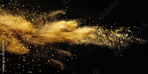 Numerous particles of shimmering gold dust swirling in the air against a black backdrop.