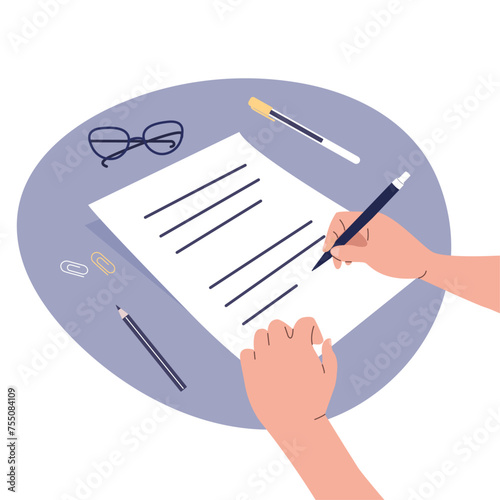 Hands holding a document and a pen. Survey, quiz, to-do list or deal concept. Vector illustration in flat style.	