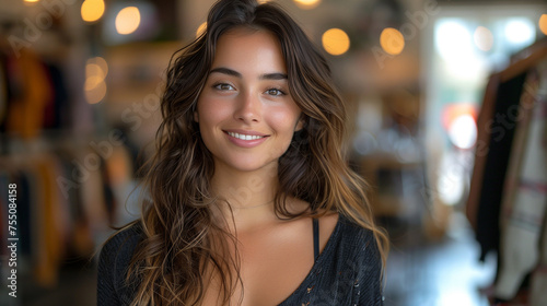 attractive young woman fashion business owner posing at clothing store.