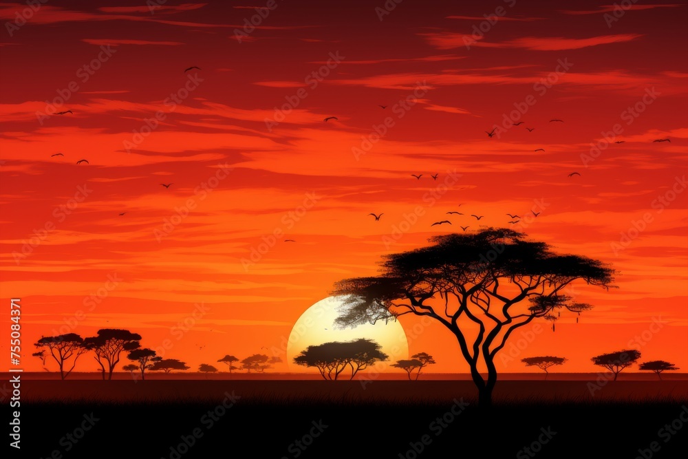 Silhouetted Acacia Sunset Isolated on Transparent Background